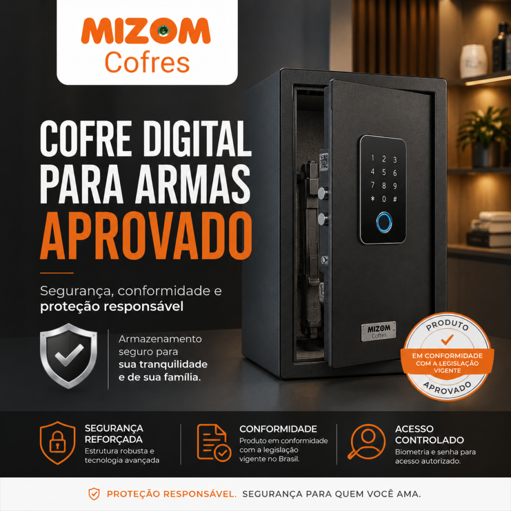 Cofre digital para armas aprovado segurança, conformidade e proteção responsável - Mizom Cofres